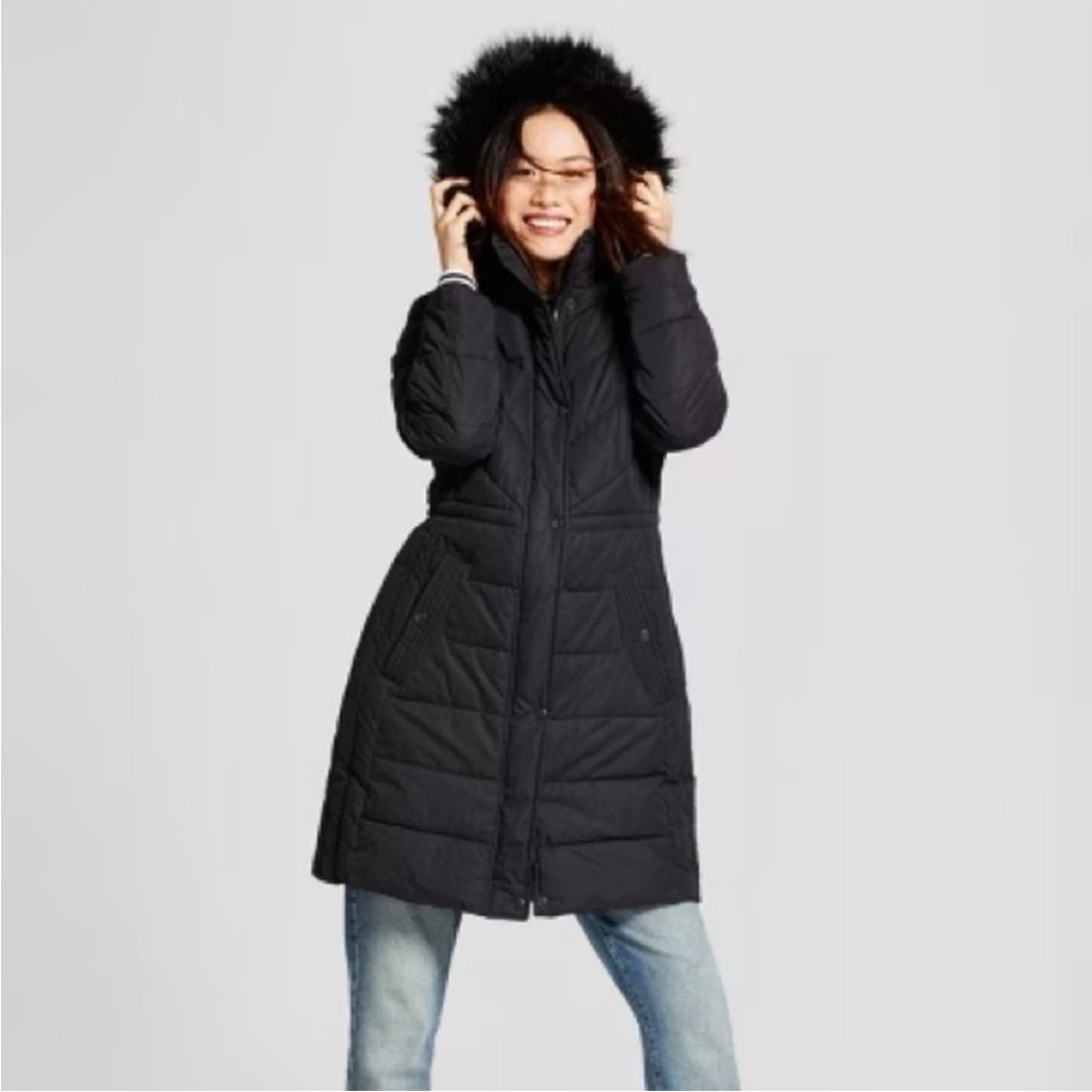 A New Day Puffer Mid Length Coat with Fur-Lined Hood